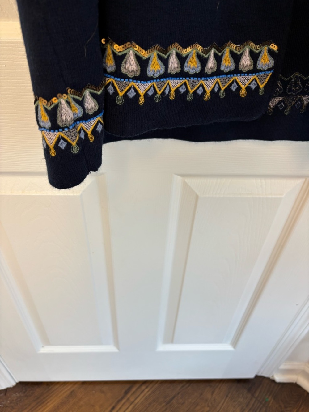 Soft Surroundings Navy Embroidered Long Duster Cardigan Sweater Size M Boho - Picture 7 of 11